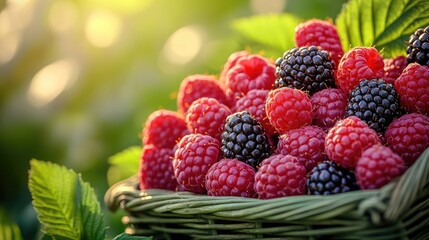A close-up view of a basket brimming with fresh raspberries and blackberries, bathed in the warm glow of natural sunlight.
