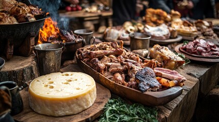 Fototapeta premium Medieval Feast: A Rustic Spread of Roasted Meats and Cheese