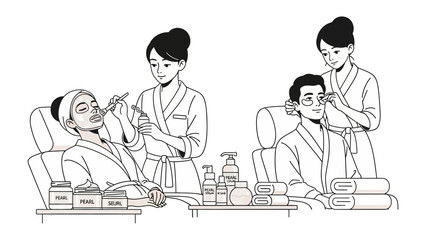 Two women in spa robes receive facial treatments from beauticians in a serene spa setting with various beauty products displayed
