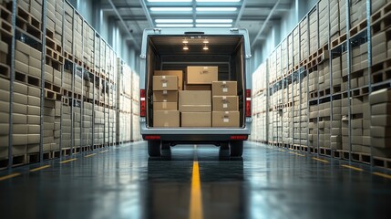 A light-gray delivery van is loaded with cardboard boxes within a large, modern warehouse.