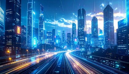 Futuristic cityscape glows at night. Light trails streak along a highway flanked by towering buildings, connected by luminous networks in a blue-tinged atmosphere
