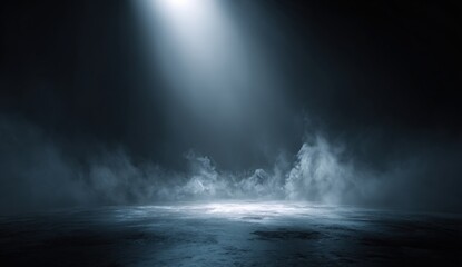 Empty stage lit by spotlight, smoky atmosphere