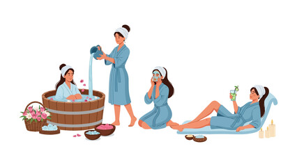 Relaxing spa day with women enjoying pampering treatments including baths facials and massages in a serene setting