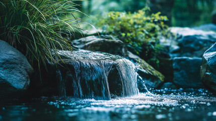 Close up of a small waterfall cascading over rocks in a lush gre