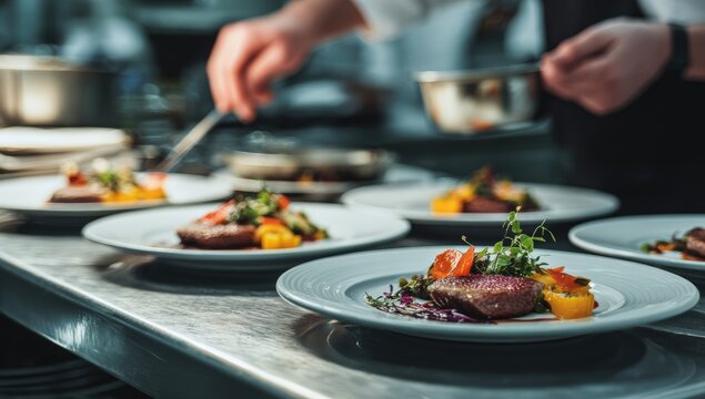 Chef plating gourmet dishes in a professional kitchen