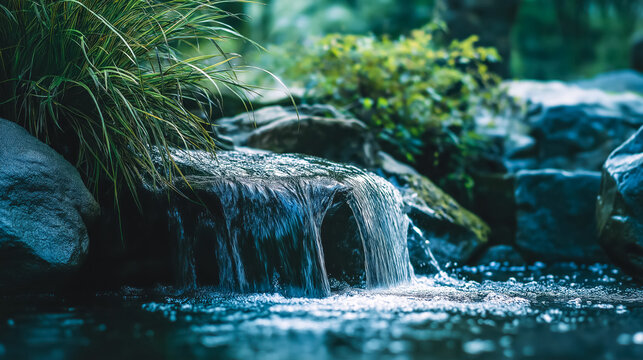 Close up of a small waterfall cascading over rocks in a lush gre