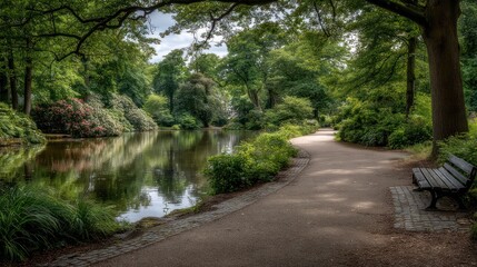 Fototapeta premium Serene park path, reflecting pond, lush greenery