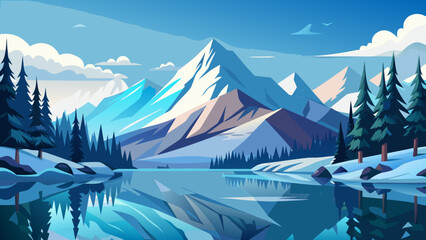 Serene Winter Lake with Snowy Mountains and Trees
