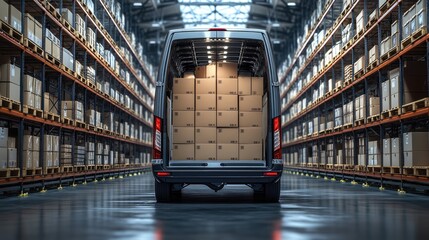 A large delivery van is loaded with numerous cardboard boxes inside a spacious warehouse filled with stacked cargo.