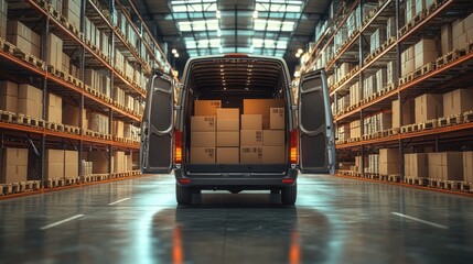 A large delivery van is loaded with boxes in a modern warehouse, showcasing organized shelving and a spacious interior.