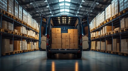 A dark-toned delivery van is loaded with boxes in a large warehouse, showcasing efficient storage and transport.