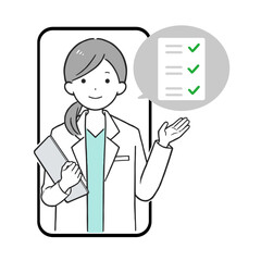 オンライン診療 医師 女性 スマホ 受付 チェックリスト 医療相談 ベクターイラスト