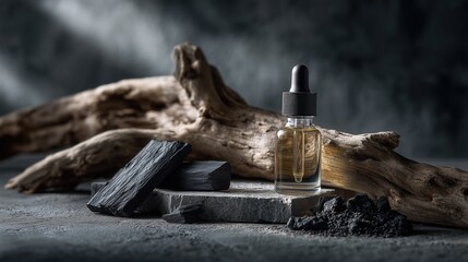 Fototapeta premium A glass Dropper bottle with serum inside on a gray stone surface. In the background a driftwood branch. Two pieces of dark charcoal are placed on the left side of the stone surface. Copy Space. 