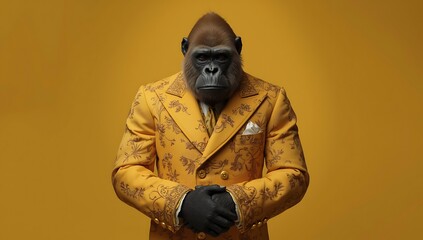 A gorilla in a gold patterned suit stands against a yellow background with hands clasped together calmly