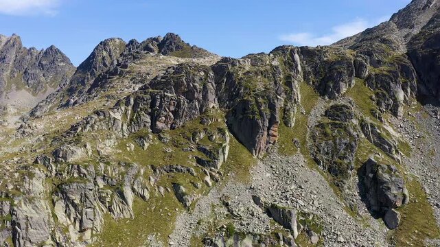 Aerial view of the granitic alpine mountain ranges in the small Pyrenean country of Andorra.