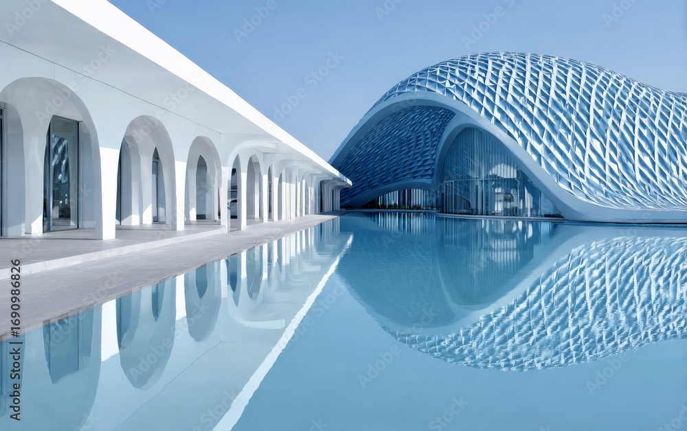 Poster modern architectural design with a large swimming pool reflecting the building's shape