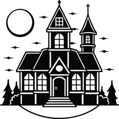 Minimalist haunted house illustration with glowing windows spooky night scene isolated on white background isolated on transparent background