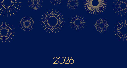 New Year 2026 greeting with firework bursts, festive mood. New Year's greeting for 2026. Holiday card, banner, invitation, marketing template. A festive design symbolizing celebration. Flat