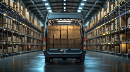 A gray delivery van is loaded with boxes inside a large warehouse, showcasing efficient logistics.