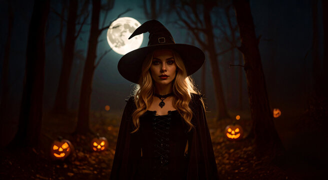 Bruxa de Halloween com vestido preto e chap&eacute;u pontudo em uma floresta assustadora com ab&oacute;boras em noite de lua cheia