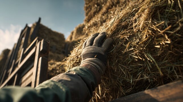 First-person view of hands loading hay bales onto a trailer in golden sunlight