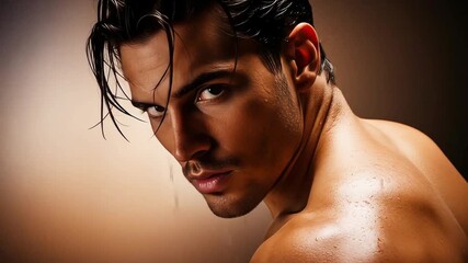 Portrait of a muscular man with wet skin and intense gaze, set against a soft gradient background - Powered by Adobe