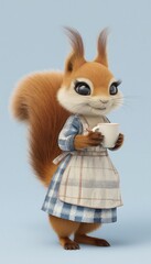 Obraz premium Adorable Fluffy Squirrel Holding a Mug in a Plaid Apron
