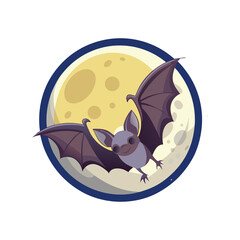Cartoon bat flying in front of a large full moon inside a circular frame isolated on white background isolated on transparent background