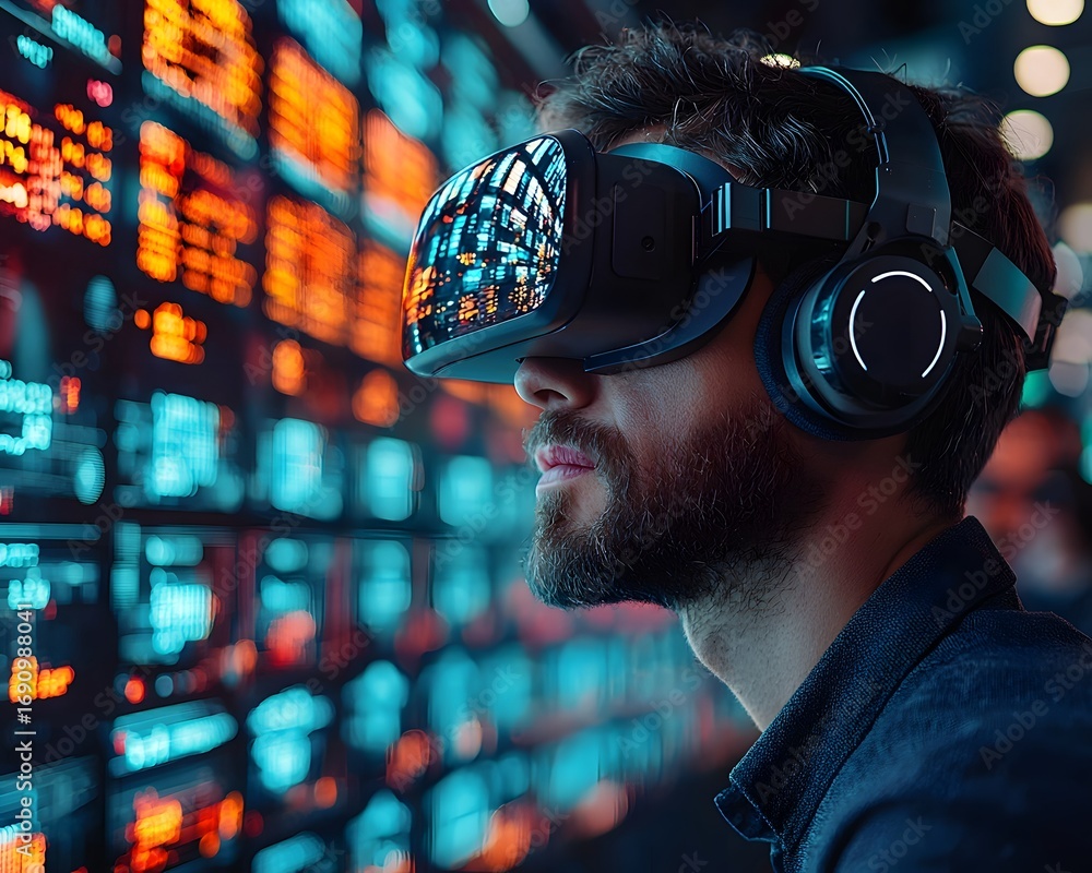 Aufkleber man utilizing a virtual reality headset for immersive business data analysis interacting with futuri