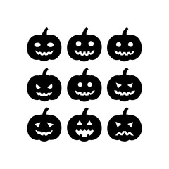 Collection of nine carved halloween pumpkins with spooky faces in a grid isolated on white background isolated on transparent background