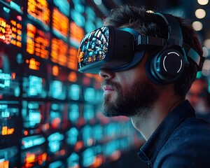 Man utilizing a virtual reality headset for immersive business data analysis interacting with futuristic digital information displays