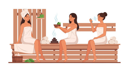 Three relaxed women in white towels enjoying a sauna session with aromatic steam and spa treatments for ultimate relaxation and wellness