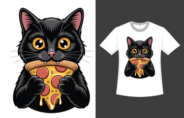 Obraz premium Cute Black Cat Enjoying a Slice of Pizza