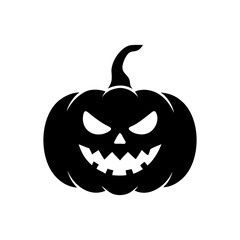 Spooky black silhouette of a carved halloween pumpkin with a menacing face isolated on white background isolated on transparent background