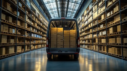 A large delivery van is loaded with many cardboard boxes inside a spacious warehouse with high shelves filled with more boxes.