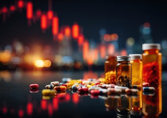 Pharmaceutical products on a reflective surface, with a blurred city skyline and downward-trending stock market graph in the background