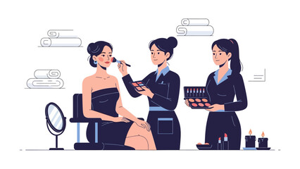 Professional makeup artist applying makeup to a beautiful young woman in a salon with another artist holding makeup products