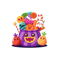 Cute purple halloween candy bucket overflowing with assorted sweets and treats isolated on white background isolated on transparent background