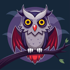 Whimsical vampire owl with tiny fangs perched on a tree branch illustration isolated on white background isolated on transparent background