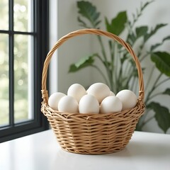 Fresh Eggs in a Wicker Basket by the Window