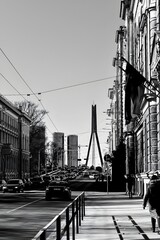 A black-and-white, realistic photograph of a cityscape featuring a bridge. The image emphasizes architectural details, lines, and contrasts, creating a timeless and dramatic urban atmosphere.