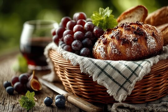 A rustic woven basket holds fresh red grapes and a crusty loaf of bread with a glass of red wine