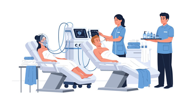 Medical professionals caring for patients in a modern hospital setting with advanced respiratory support equipment and monitoring devices