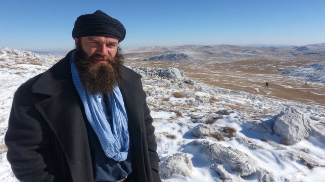 Greek man in traditional foustanella stands proudly on snowy mountaintop in serene winter landscape