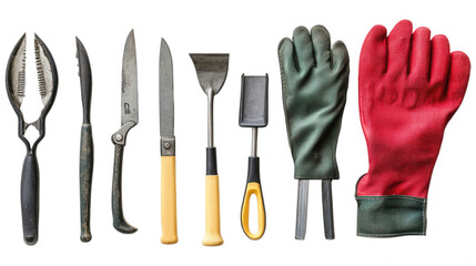 Garden Tool Collection: A diverse collection of essential gardening tools, including shears, knives, and protective gloves, meticulously arranged to emphasize their utility and functionality.