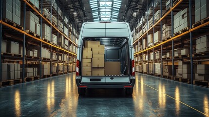 A light-filled warehouse interior showcases a delivery van loaded with boxes, highlighting organized storage and efficient logistics.