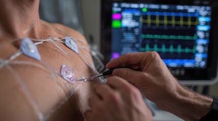 First-Person View of Applying EKG Leads with Monitoring Screen Displaying Vitals