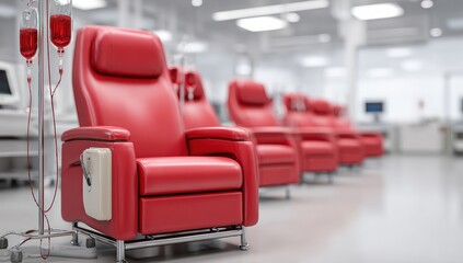 Red recliner chairs in a modern medical facility