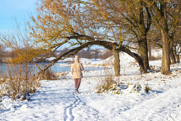 Person in winter clothes walking along snowy path in park near river, picturesque natural landscape...