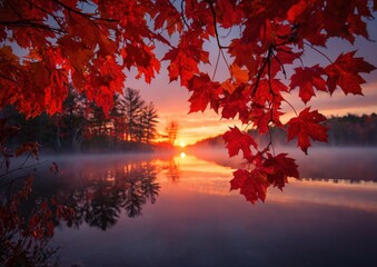 Autumn sunrise over a tranquil lake framed by vibrant red leaves